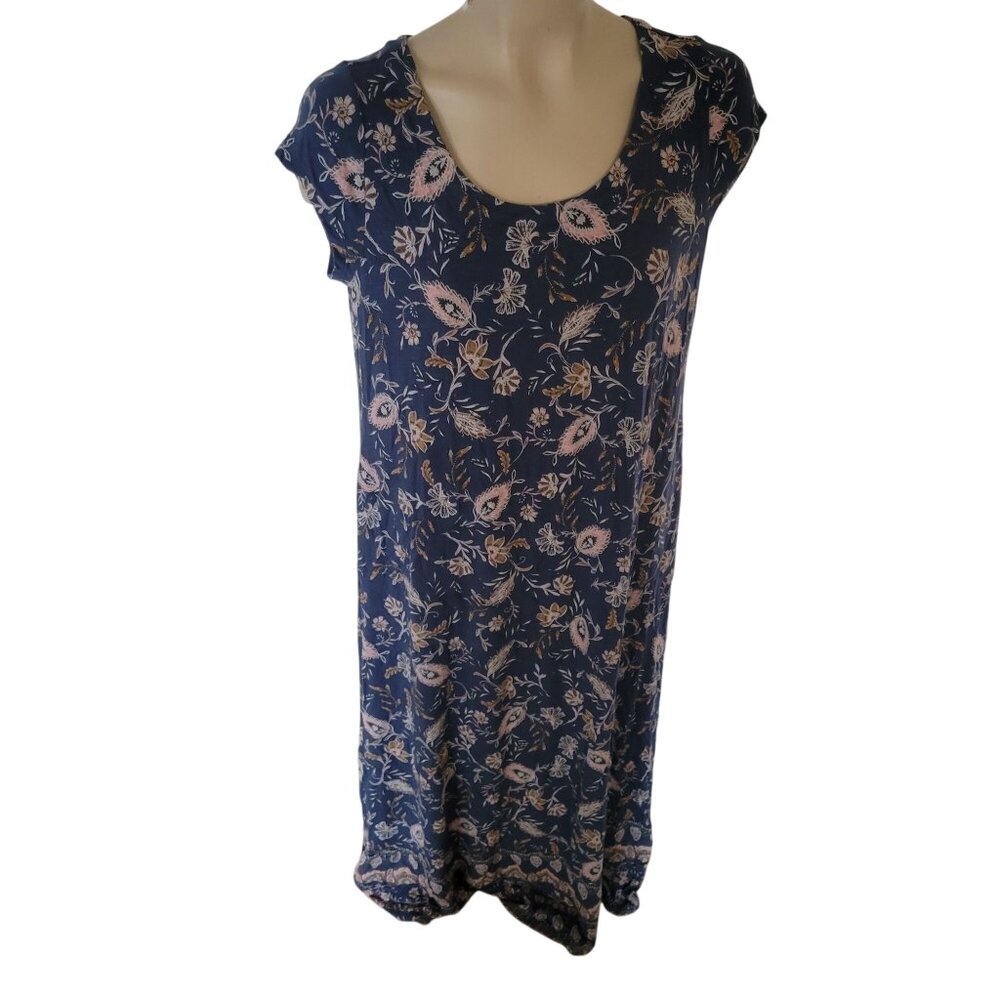 J. Jill Navy Blue Floral Paisley Short Sleeve Midi Dress Small Stretch Knit